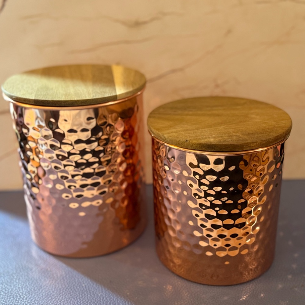 Uncommon James Hammered Copper Containers with Wooden Lids